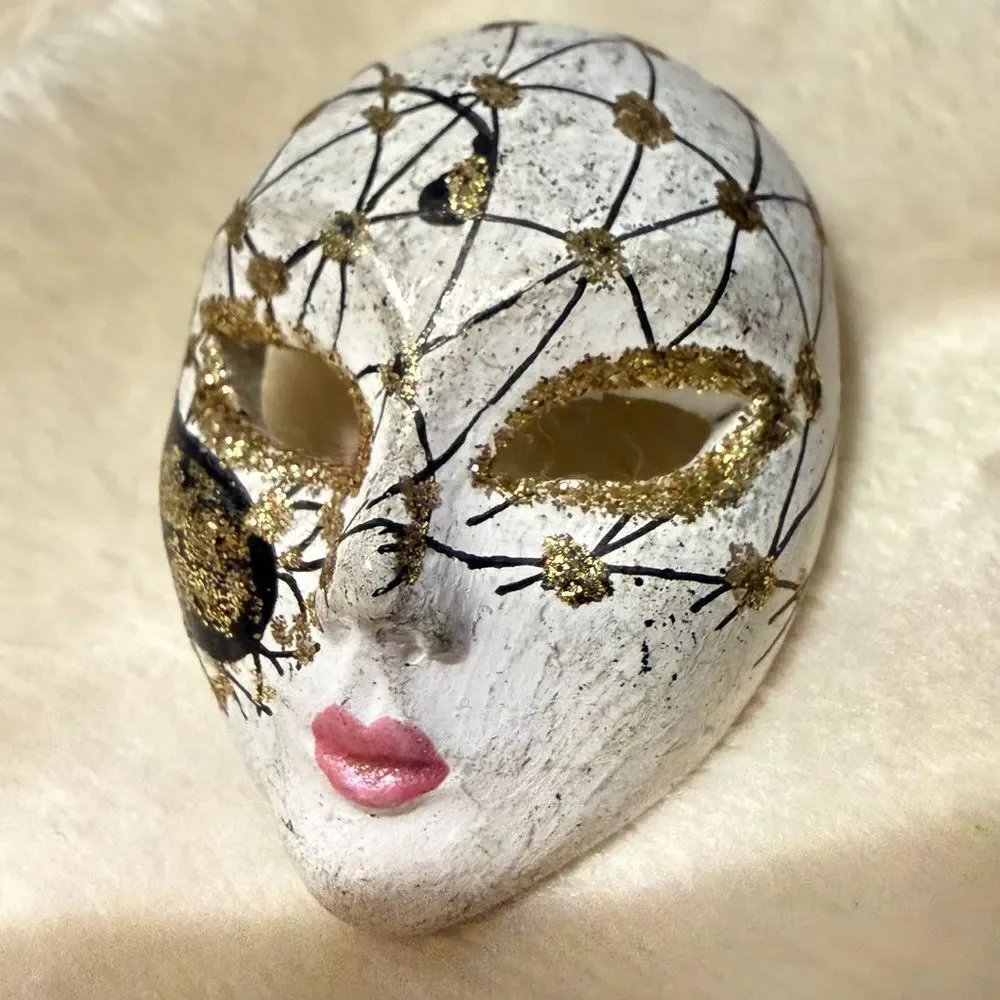 Hand-Painted Miniature Mask Brooch – Gold & Black Art Piece for Women